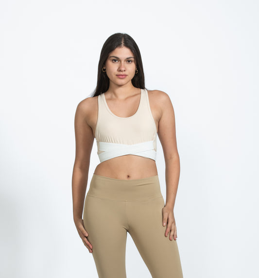 Beige Cross Wrap Sports Bra