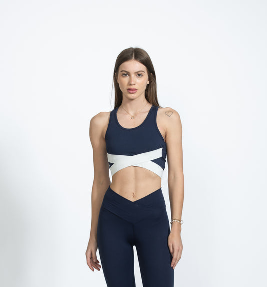 Navy Blue Cross Wrap Sports Bra
